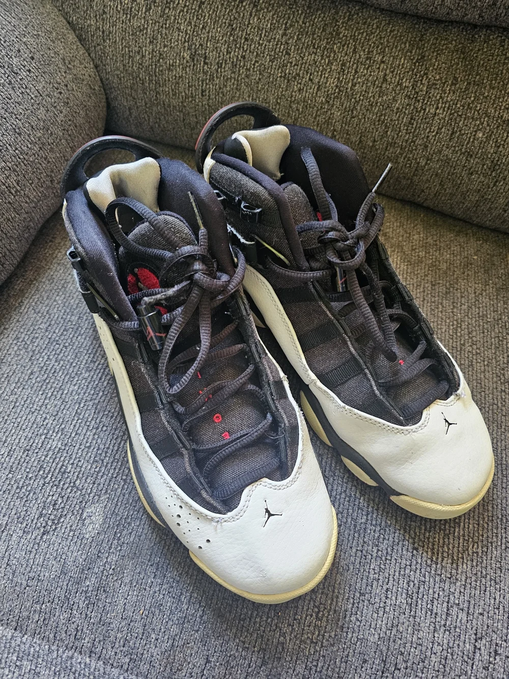 Jordan Men's Black and White Retro Sneakers with Cream Soles